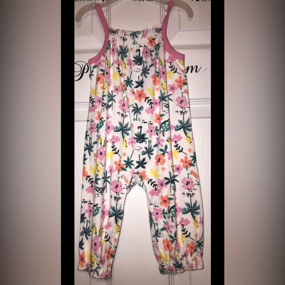 CJP Baby Girl Floral Tropical Palm Tree Sleeveless Romper Coverall Sz 3/6M